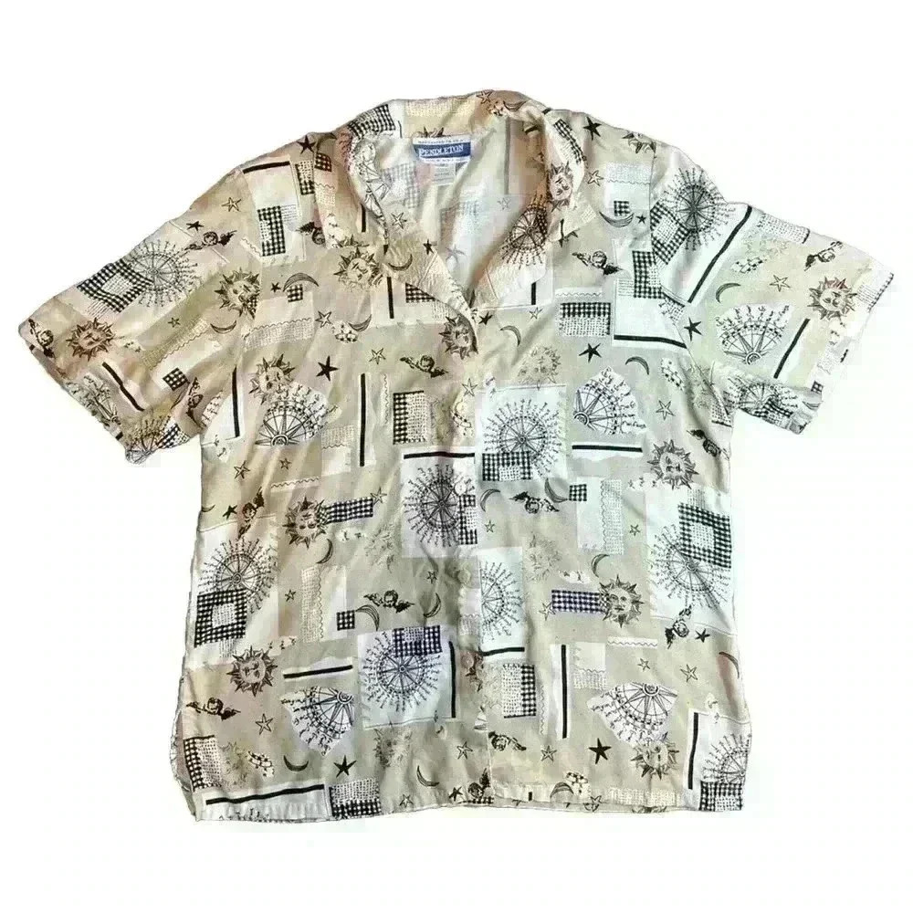 Vintage Pendleton Women's Button-Up Blouse Shirt Sz 12 Moon Sun Astrology Print